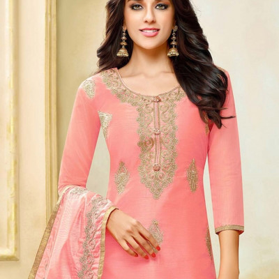 Peach-coloured and gold-toned unstitched dress material
