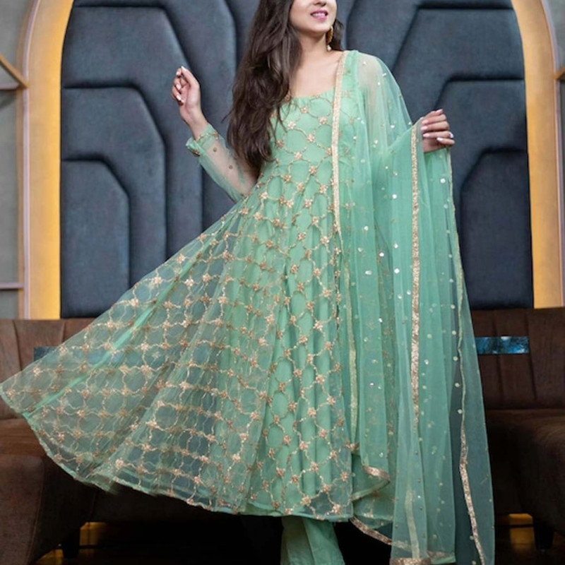 Green and gold-toned semi-stitched dress material 
