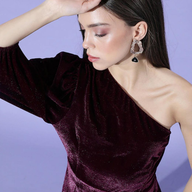 Women Deep Solid One-Shoulder Dress