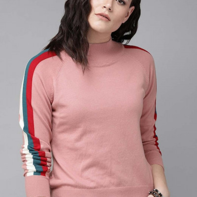 Pink Knitted Top With striped Detail