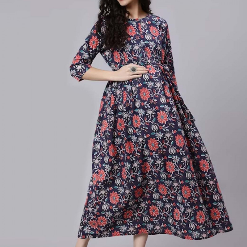 Blue Maternity Cotton Maxi Dress