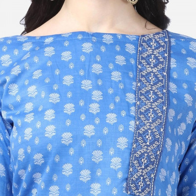 Blue and white printed unstitched dress material