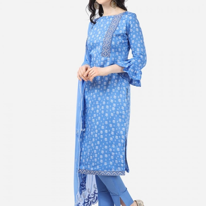 Blue and white printed unstitched dress material