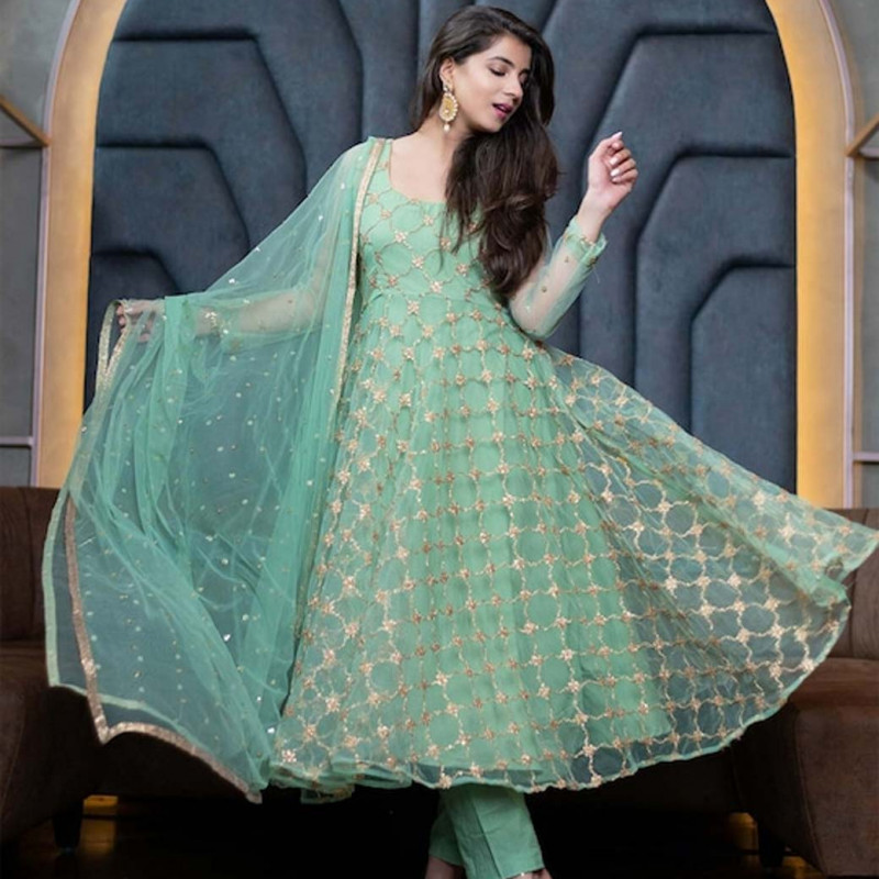 Green and gold-toned semi-stitched dress material 