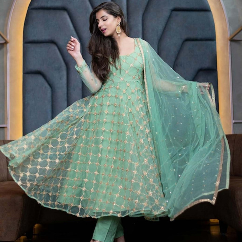 Green and gold-toned semi-stitched dress material 