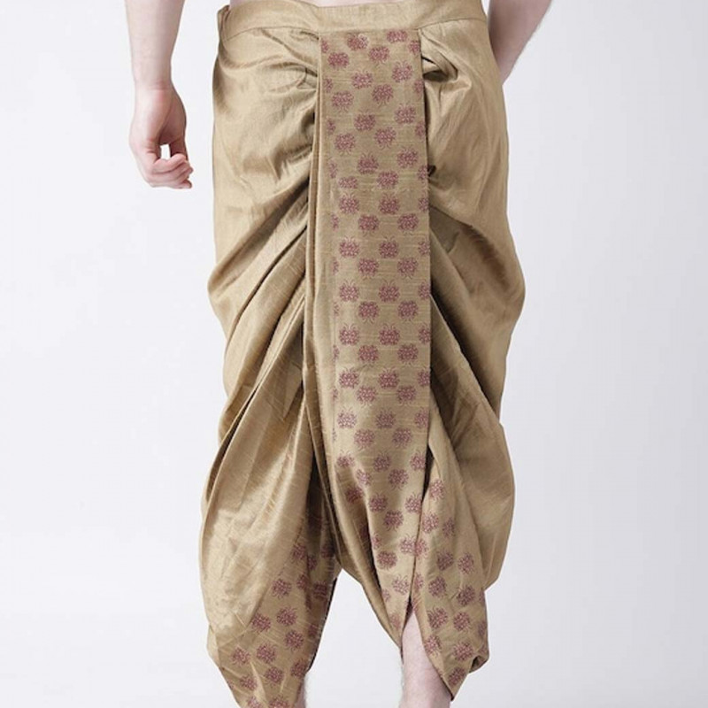 Men Beige & Maroon Printed Silk Dhoti
